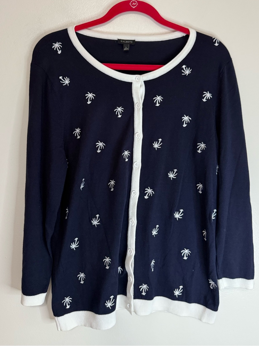 Talbots Navy & White Cardigan with White Palm Embroidery size large